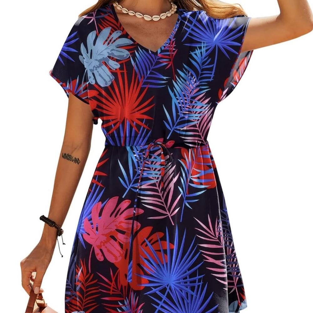 Women's Black Dress with Red and Blue Leaf Print Ekouaer Bathing Suit Cover Up